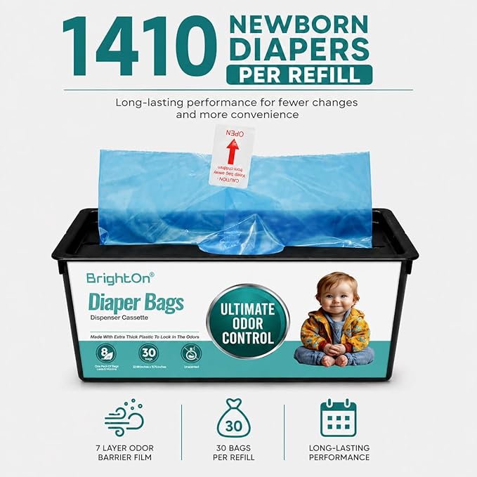 BrightOn® Diaper Pail Refill Bags, 30 Bags Per Refill, Compatible with Genie Easy Roll Signature Diaper Pails, Holds Up to 2820 Newborn Diapers, Real 7 Layer Odor Barrier, Unscented, 2PACK (60 Bags)