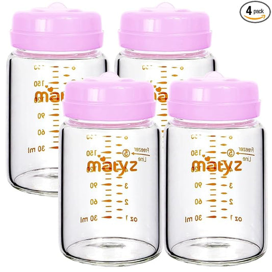 Matyz 4-Pack Breast Milk Collection Bottles (Pink, 6 Oz Each) - No BPA Glass Milk Storage Bottles with Lids - Suitable for Philips Avent & Medela Spectra Pumps