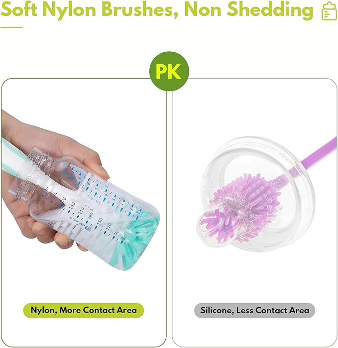 CAREBABYMORE 2 Pack Baby Bottle Brush with 4 Pack Straw Brushes, 10.2" Nylon Brushe with Nipple Cleaner and Stand Suction Cup, Green