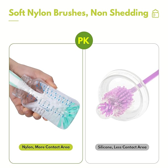 CAREBABYMORE Baby Bottle Brush with One Base Hidden Nylon Nipple Cleaner, 2 Pcs Sponge Nipple Brushes, 2 Pcs Straw Brushes, Bottle Brush with Nipple Cleaner and Suction Cup (Yellow)