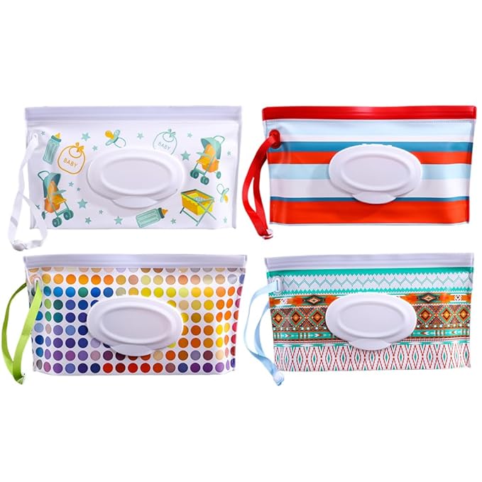 4PCS Baby Wipes Dispenser Travel Baby Wipe Holder Portable Wet Wipe Dispenser Bag Reusable Travel Baby Wipes Container Refillable Wet Wipe Carrying Case Holder Wet Wipe Pouch