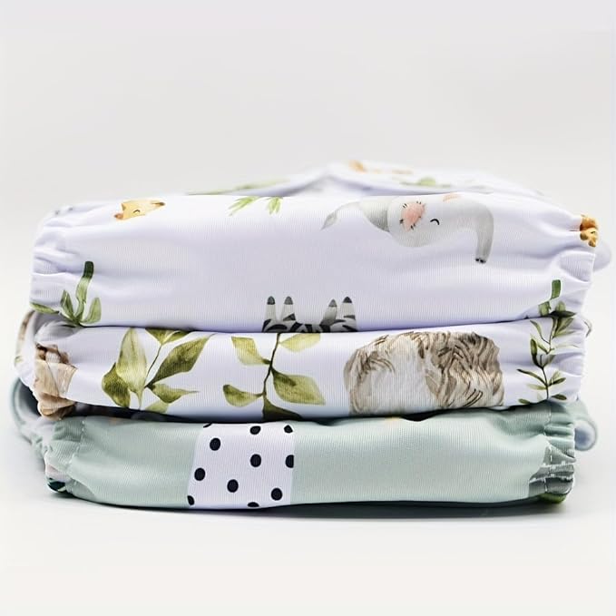 3 pcs Hook and Loop Fasteners Design Baby Reusable Cloth Diapers with 3 Microfier Inserts (Animals Prints)