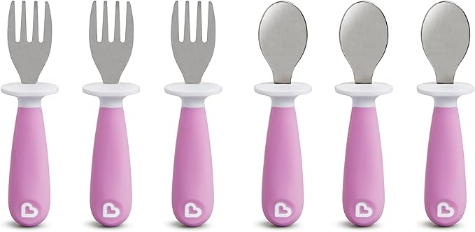 Munchkin® Raise™ Toddler Fork and Spoon Utensil Set, Rest Keeps Tip Off Table, BPA Free, 6 Pack, Purple