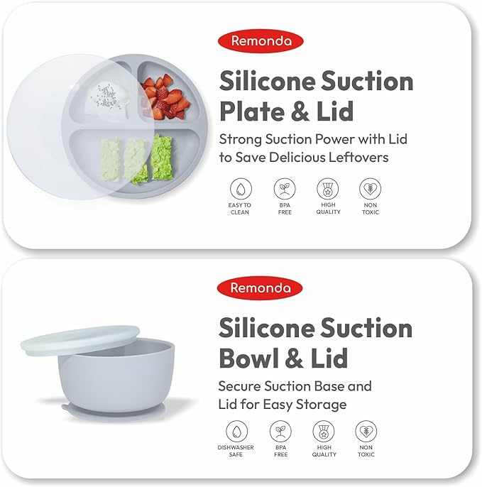 Remonda 23-Piece BPA-Free Silicone Baby Feeding Set | Extra Large Suction Plates, Toddler Bowls, Self Feeding Spoons, and More | Dishwasher Safe| Baby Led Weaning Supplies (Grey) AA