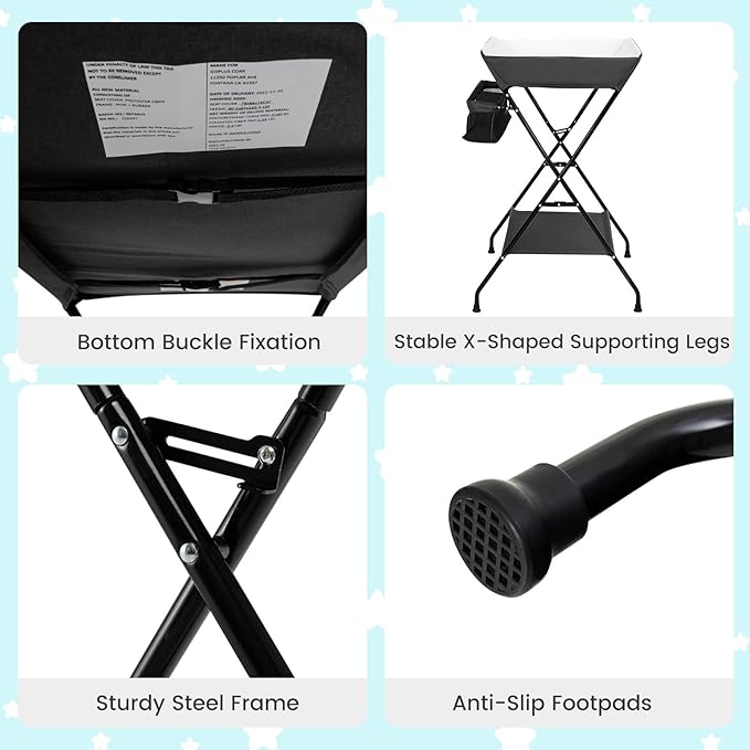 HONEY JOY Changing Table, Folding Nursery Organizer with Open Shelf & Safety Belt, Portable Diaper Changing Station for Newborn (Black, Basic)