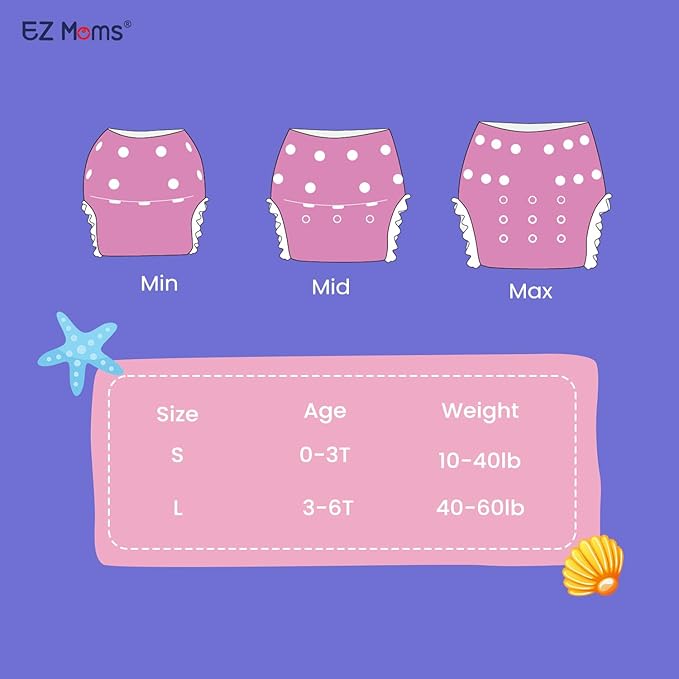 EZ Moms Baby Swim Diapers Reusable 2Pcs Snap One Size Adjustable Washable Newborn Infant Swim Diaper with a Shammy Towel for Baby Girl Water Diaper Waterproof Swimming Diapers for Swimming Lessons