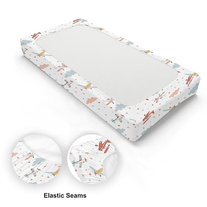 Cartoon Colorful Plane Clouds Stars Pattern Baby Changing Pad Cover, Unisex Plane Nursery Diaper Changing Table Pad Mat Sheet for Boys Girls-16x32