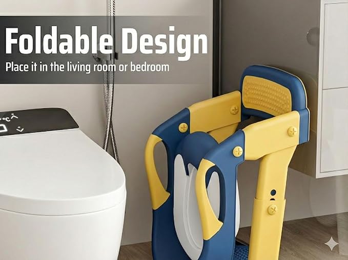 3-in-1 Toddler Potty Training Toilet Seat with Foldable Ladder – Adjustable Toddler Toilet Seat for Boys & Girls with Soft Cushion, Ergonomic Backrest, Non-Slip Pedal and Safety Grips (Blue & Yellow)