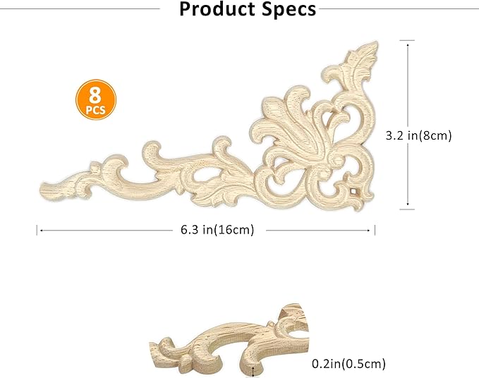 8Pack Wood Appliques and Onlays Decorative Wooden Applique Carved Onlay, 6.3×3.2 inch Corner DIY Carving Decal Trim for Furniture Cabinet Bed Door Wardrobe Closet Mirror Photo Frame Decoration
