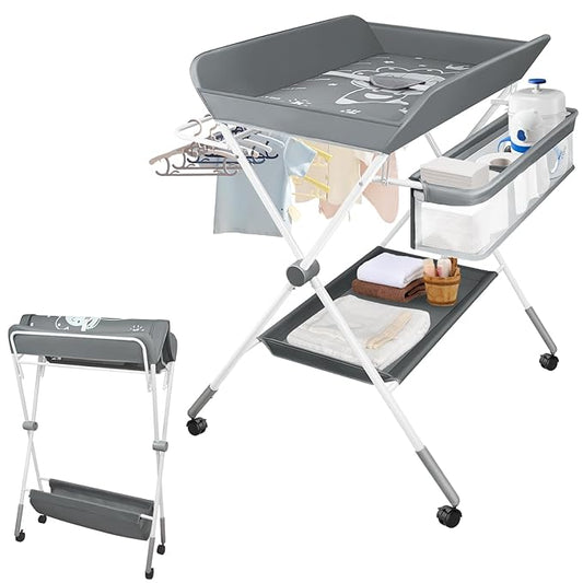 Baby Changing Table, Portable Folding Diaper Changing Station with Wheels, Adjustable Height Nursery Organizer with Safety Belt & Storage Basket & Hanging Rack for Newborn Baby and Infant (Gray)