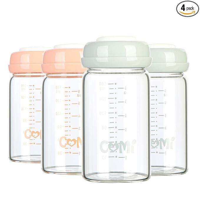 COMI Wide Neck Glass Breastmilk Collection n Storage Bottle, 4 Packs, 6oz with Screw Ring Sealing Disk; Re-markable Sealing Disc. BPA Free, Fits Breast Pumps & Nipples (2 Gray Lids + 2 Pink Lids)