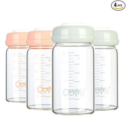 COMI Wide Neck Glass Breastmilk Collection n Storage Bottle, 4 Packs, 6oz with Screw Ring Sealing Disk; Re-markable Sealing Disc. BPA Free, Fits Breast Pumps & Nipples (2 Gray Lids + 2 Pink Lids)