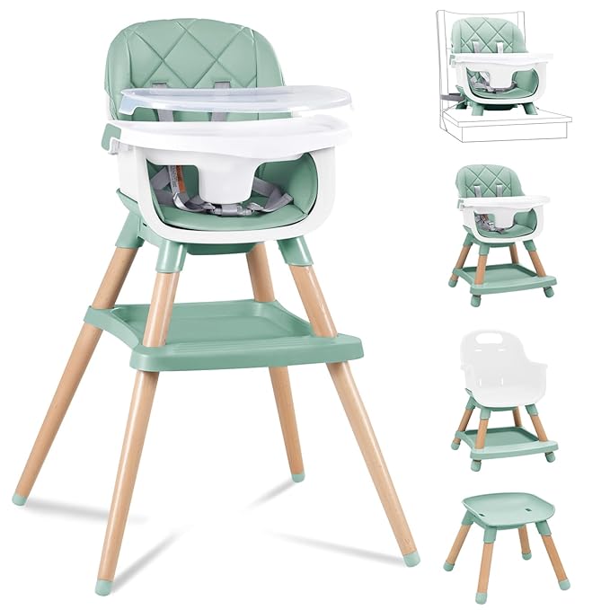 Babyliebe Baby High Chair, 8 in 1 Convertible Wooden High Chair for Babies and Toddlers, Converts to Booster Seat, Toddler Chair & Stool, with Removable Double Tray, Adjustable Legs & Footrest (Green)