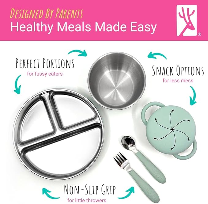 Elk and Friends Kids Stainless Steel Mealtime Bundle | Plates, Bowls, Snack Cups + Toddler Utensils | Silicone Sleeves + Travel Storage Lids | For Meals + Snacks | Dishwasher Safe