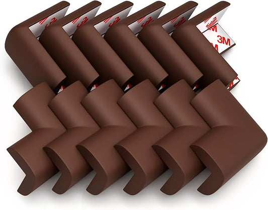 12-Pack Baby Proofing Corner Protectors, Furniture Corner and Edge Safety Bumpers, Soft Rubber Foam Cushion Covers, 3M Taped Corner Guards, Baby Child Proofing Pads for Tables & Furniture, Brown