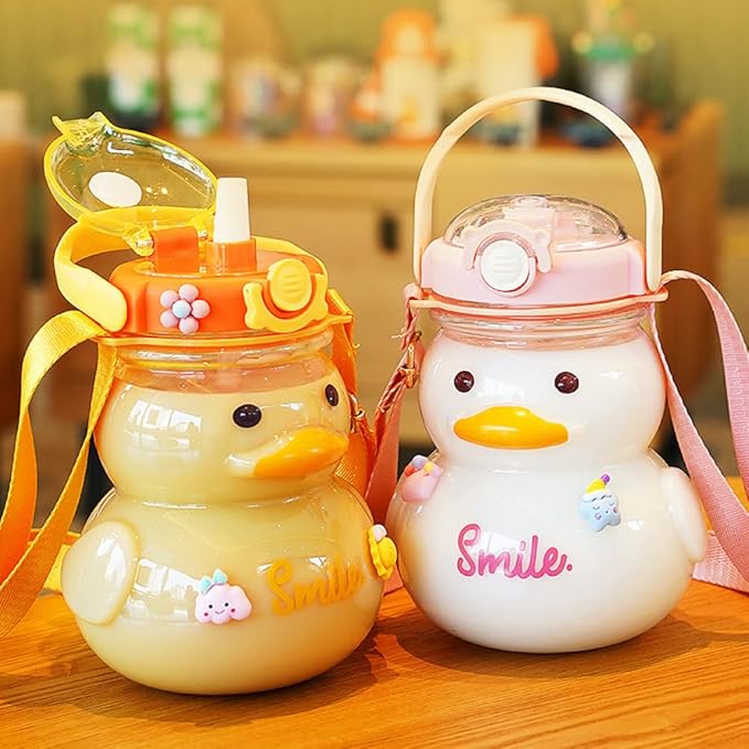 Large Cute Duck Water Bottle with Straw and Strap 34oz Kawaii Duck Water Bottle with 3D Stickers for Kids Toddler Girls School Sports Travel Leakproof Portable Handle Hot and Cold Bottles (Pink)