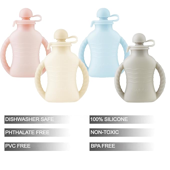 PandaEar 4 Pack Reusable Baby Food Pouches with Double Handles, Silicone Squeeze Pouches for Toddlers, Refillable 4oz Food Storage Bags for Puree, Yogurt, Smoothies - Includes Collapsible Funnel