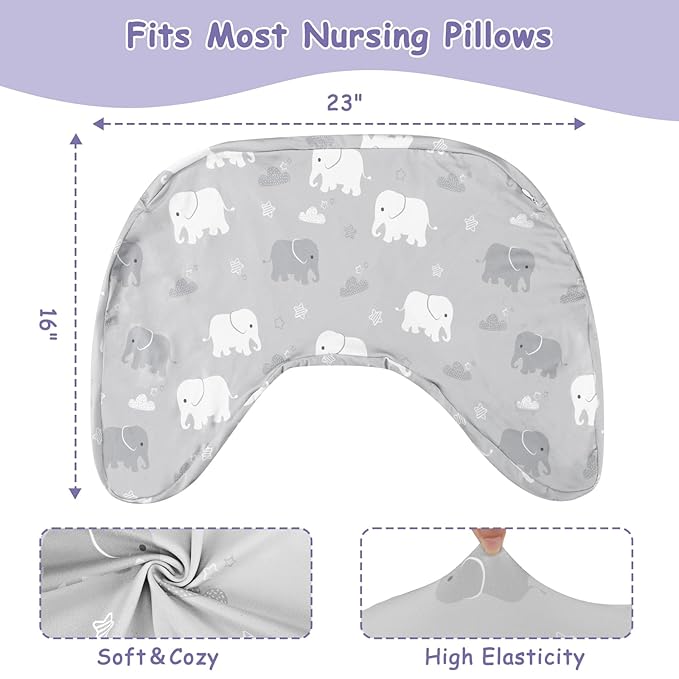 TANOFAR New Nursing Pillow Cover, Stretchy Minky Removable Nursing Cover for Breastfeeding Pillows, Ultra Soft Comfortable Slipcover for Baby Girl and Boy, Grey Elephant