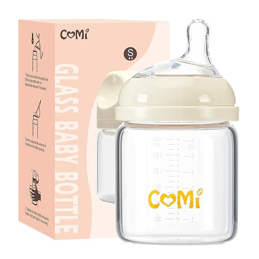 COMI Natural Glass Baby Bottles for Breastfeeding Babies,Newborn Anti-Colic Baby Bottle Set with Slow Flow Nipple,0-3 Months,BPA-Free,6 oz,1 Pack
