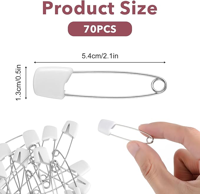 TIESOME 70 Pieces Diaper Pins, Diaper Safety Pin, 2.2 Inch Stainless Steel Diapers Pins for Cloth Diapers, with Plastic Safety Heads and Locking Closures, (White)
