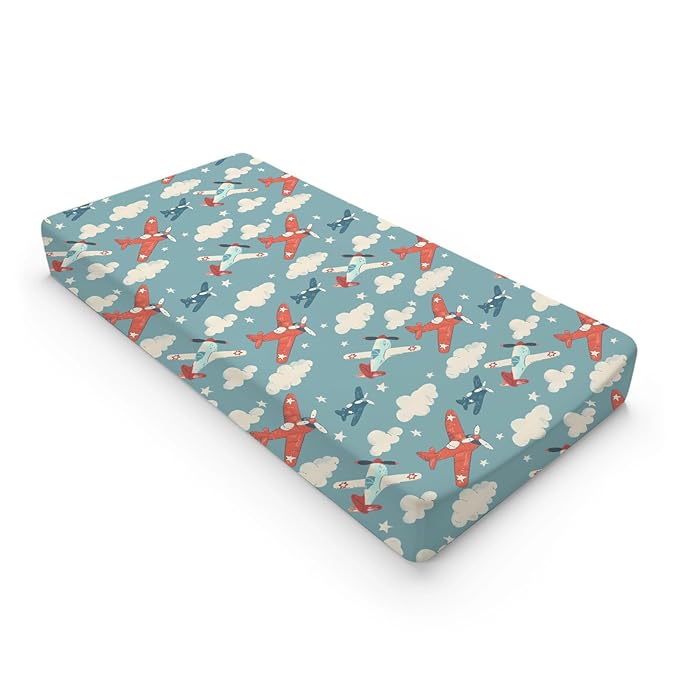 Cartoon Plane Stars Clouds Pattern Baby Changing Pad Cover, Unisex Plane Nursery Diaper Changing Table Pad Mat Sheet for Boys Girls-16x32