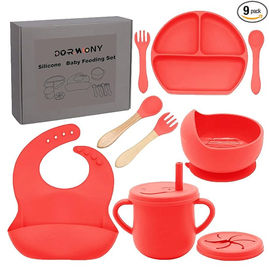 100% Silicone baby feeding set,BPA free Baby dishes set with Suction Bowl Divided Plate,Toddler Self Feeding Dish Set with Spoons Forks Sippy Cup And Bib, Baby Eating Utensils (Scarlet)
