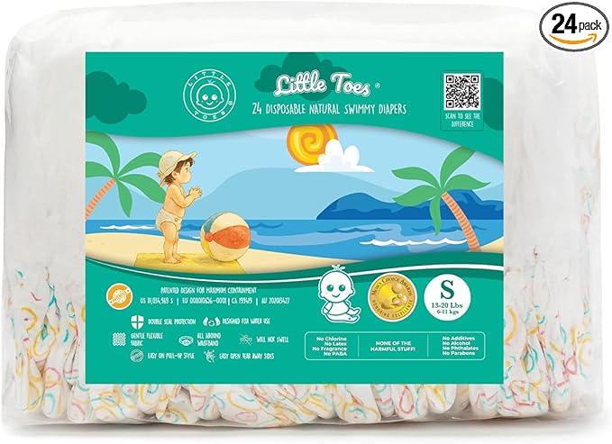 Little Toes Premium Natural Disposable Swim Diapers, Size 1–2 Small (13–20 lbs) (24 Count) | Baby Disposable Swim Diapers | Hypoallergenic, Chlorine & Fragrance-Free | Gentle on Sensitive Skin