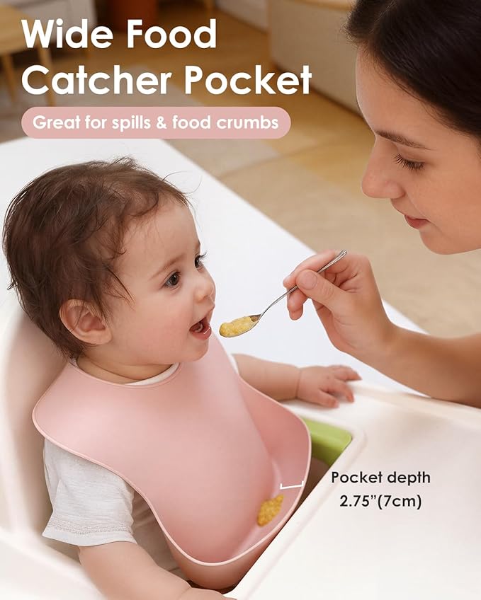 Tiny Marvels Silicone Bibs for Babies with Food Catcher Pocket, Adjustable Waterproof Feeding Bib for Infants & Toddlers, Soft BPA-Free Easy Clean Bib for Everyday Meals