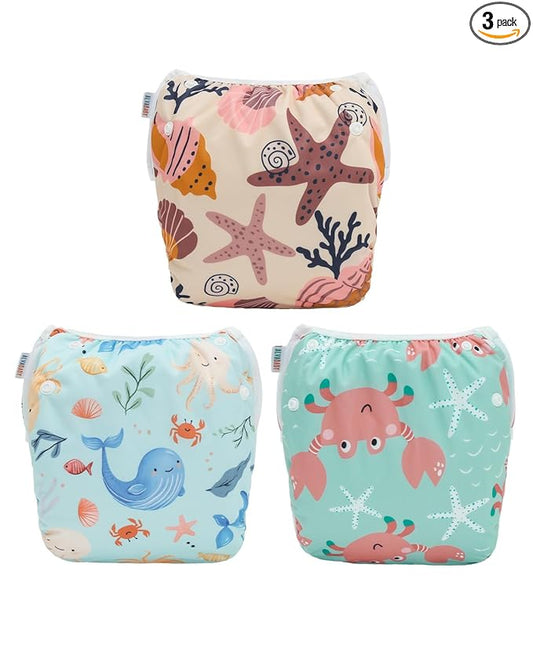 ALVABABY Large Cloth Swim Diaper 3pcs Baby/Toddler/Infant Snap Reusable Adjustable Swimming Diaper Baby Boy and Girl 3ZSWY71A