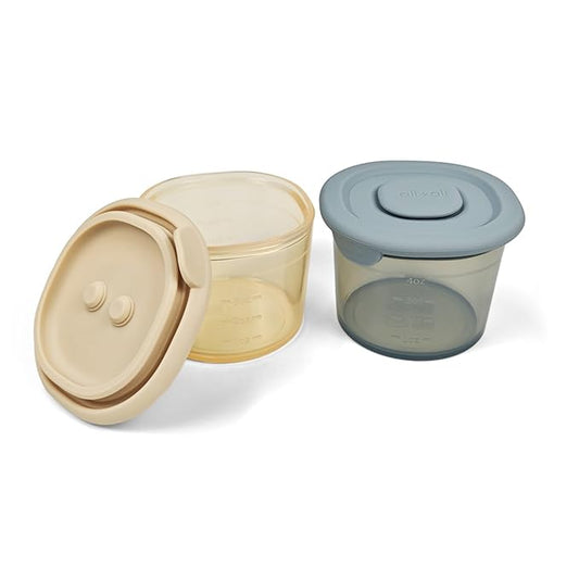 Ali+Oli Silicone Baby Food Containers (4oz) 2-pk Reusable Leakproof Snack Storage with Airtight Lids – Freezer & Microwave Safe for Infant and Kids Meals (Sky-Khaki)