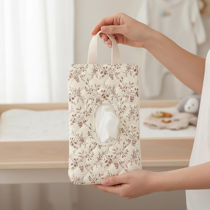 ETOYA Canvas Floral Quilted Wipe Dispenser Portable Wet Wipe Pouch for Mom(Beige) (style1)