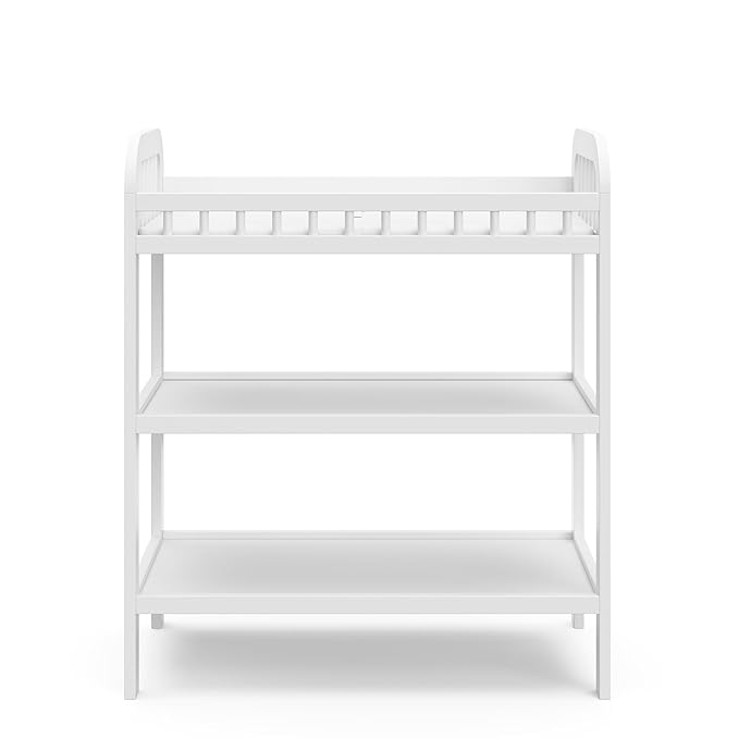 Storkcraft Pasadena Changing Table with Water-Resistant Changing Pad (White) - GREENGUARD Gold Certified, Includes Bonus Water-Resistant Changing Pad with Safety Strap, 2 Open Shelves