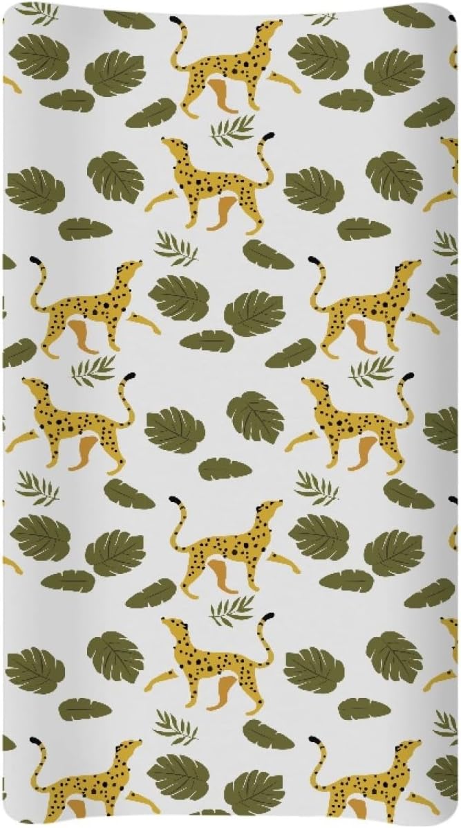 GOSTONG Leopard Leaves Print Baby Changing Pad Cover for Boys Girls Cozy Breathable & Washable Stretchy Fabric Diaper Table Cover Sheets, Fit 32x16 Inches Changing Mat