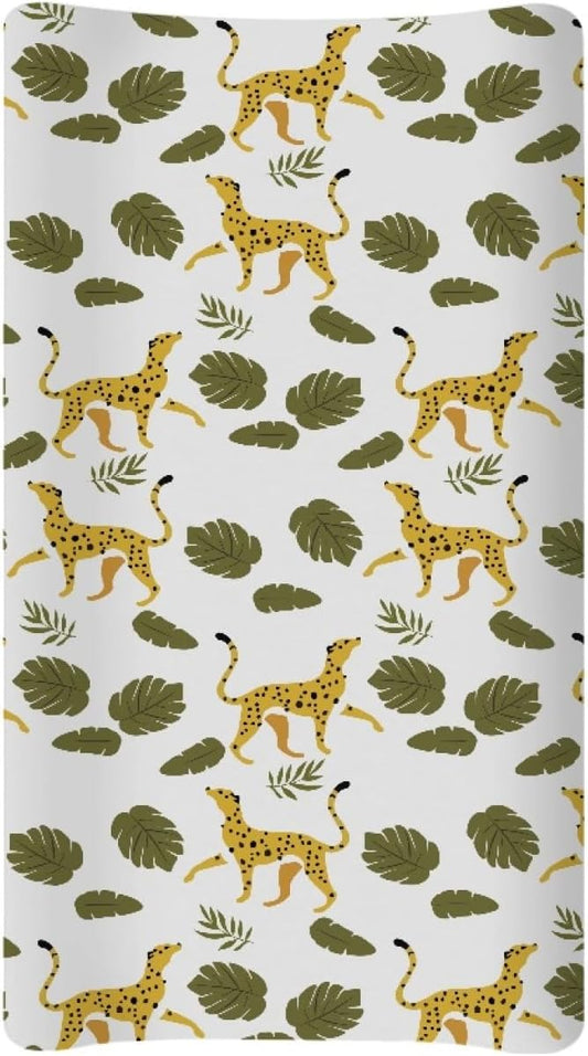 GOSTONG Leopard Leaves Print Baby Changing Pad Cover for Boys Girls Cozy Breathable & Washable Stretchy Fabric Diaper Table Cover Sheets, Fit 32x16 Inches Changing Mat