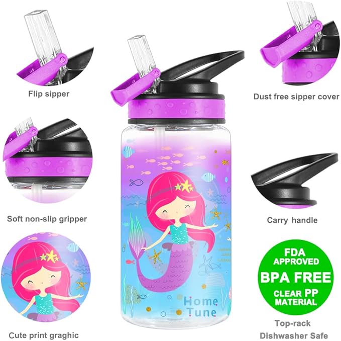 15oz Water Bottle for Kids Girls Boys School, BPA Free, Leak Proof Flip Straw, Carry Loop, Easy Clean - Mermaid