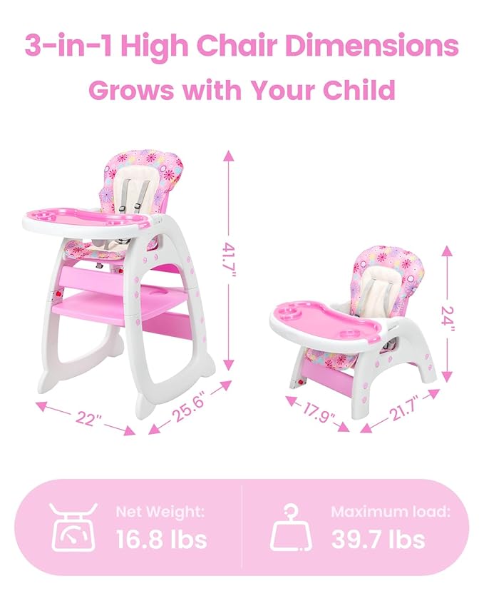 High Chair, Convertible Highchairs for Babies and Toddlers, Easy Clean Baby High Chair, 3 in 1 Feeding Chair for Eating, Adjustable Infant Chair for Toddlers 1-3, Baby Food Chair, Pink