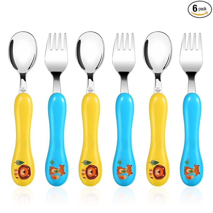 Lehoo Castle 6 Pieces Toddler Utensils, Kids Silverware for 2 3 4 Years Old, Stainless Steel Fork and Spoon Set with Plastic Handle, Safe Toddler Cutlery (Blue Yellow)