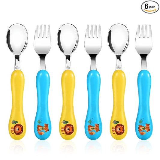 Lehoo Castle 6 Pieces Toddler Utensils, Kids Silverware for 2 3 4 Years Old, Stainless Steel Fork and Spoon Set with Plastic Handle, Safe Toddler Cutlery (Blue Yellow)