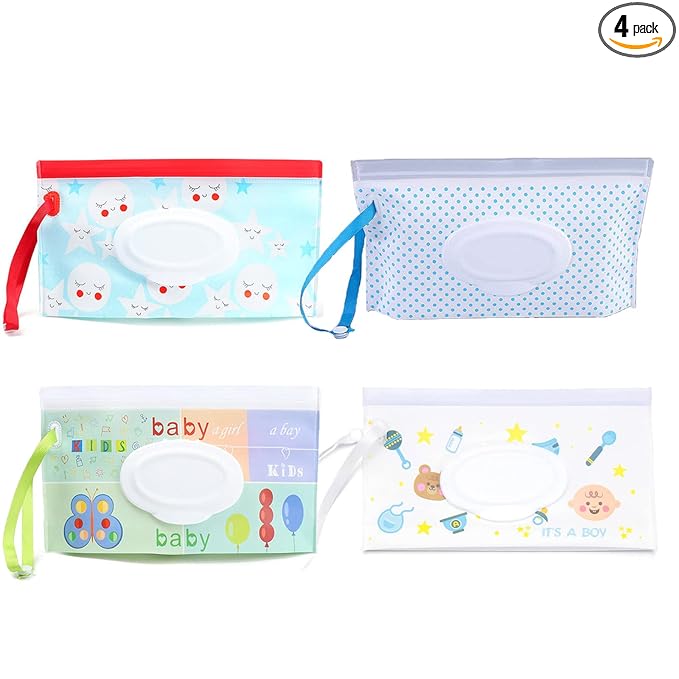 Baby Wipes Dispenser 4 Pack, Reusable Baby Wipe Holder, Refillable Baby Wipes Container Travel Wet Wipes Case Wipes Pouch for Baby Home Kitchen Office (Multicolor2)