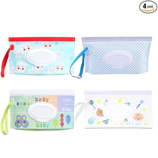 Baby Wipes Dispenser 4 Pack, Reusable Baby Wipe Holder, Refillable Baby Wipes Container Travel Wet Wipes Case Wipes Pouch for Baby Home Kitchen Office (Multicolor2)