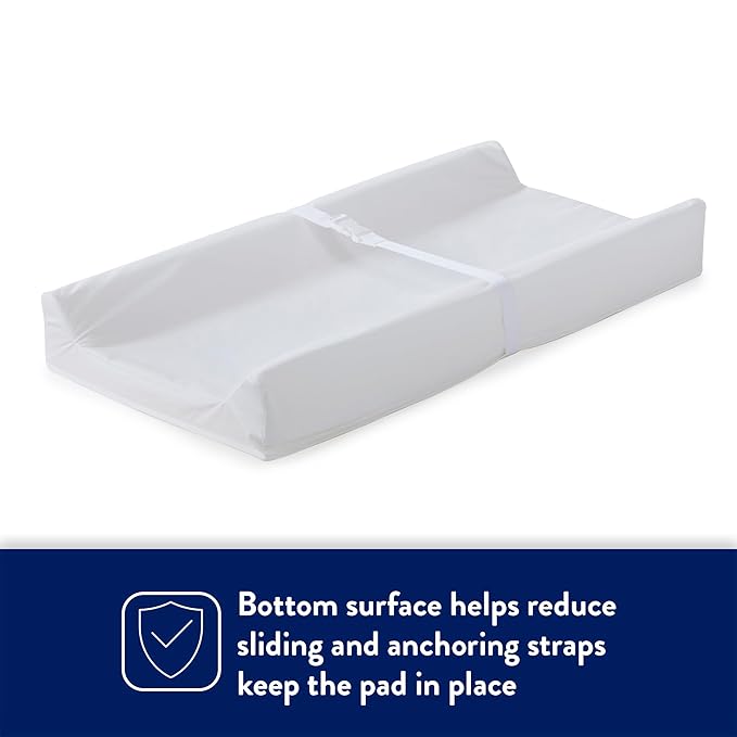 Kolcraft Waterproof Contoured Wipeable Baby Diaper Changing Pad for Dresser or Table, Durable Easy Clean Surface, Soybean Enhanced Foam, Safety Restraint Belt & Straps, Made in USA, White, 16' x 32'