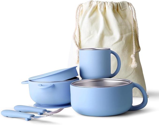 Bakpoco Kids Dinnerware Set - 6 Piese Toddler Plates and Suction Bowls Set with Kids Utensils&Cup, 2 IN 1 Stainless Steel & Silicone Baby Self Feeding Supplies, Blue