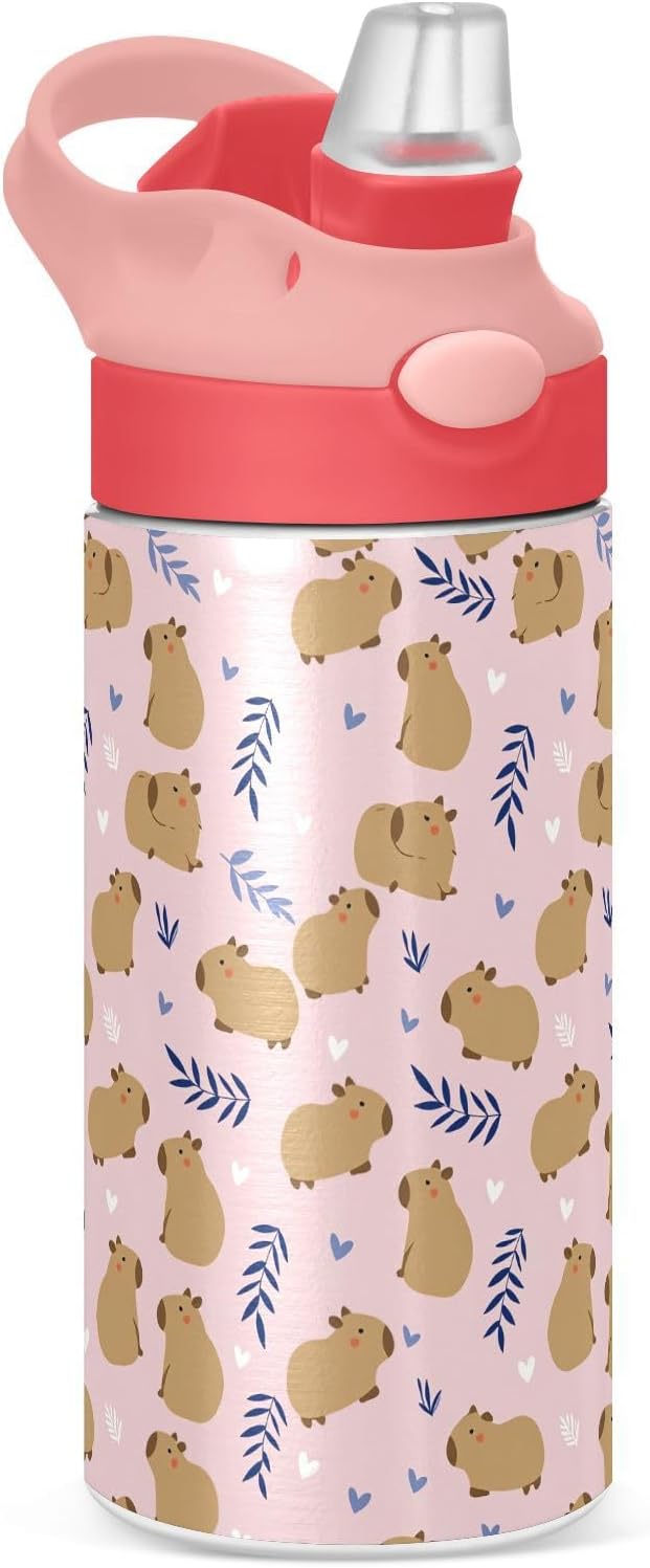 Cute Cat Kitty Girls Water Bottle with Straw and Carry Handle Cartoon Animals Pink Vacuum Insulated Stainless Steel Bottles Leak-Proof for Boys Kids Toddler 12 oz Pink Lid