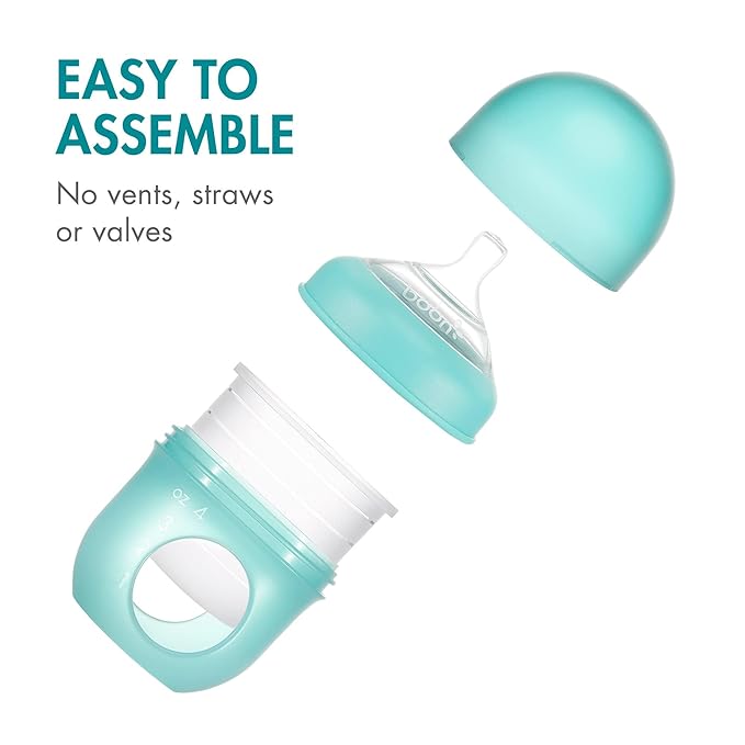 Boon Nursh Reusable Silicone Baby Bottles with Collapsible Pouch - Stage 1 Slow Flow - Gray & Blue - 4 Oz - 3 Count Each