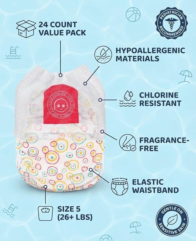 Little Toes Premium Natural Disposable Swim Diapers, Size 5 Large (26+ lbs) (24 Count) | Baby Disposable Swim Diapers | Hypoallergenic, Chlorine & Fragrance-Free | Gentle on Sensitive Skin