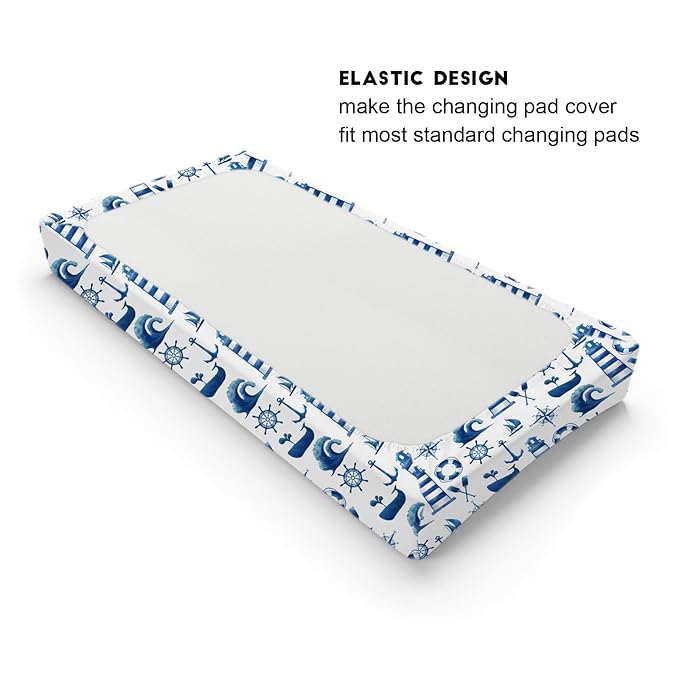 Navy Nautical Life Changing Pad Cover Marine Ocean Lighthouse Compass Whale Changing Table Cover for Baby Boys Girls Soft Breathable Stretchy Fitted Diaper Changing Mat Sheets 32''x16''