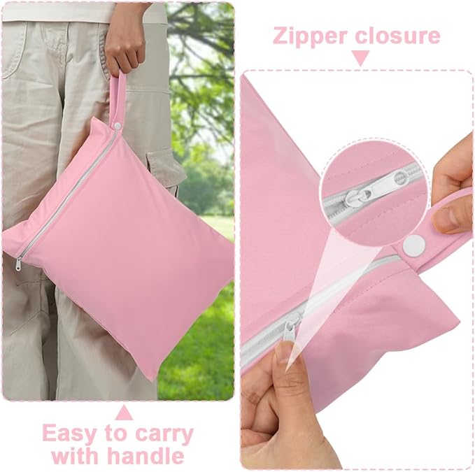 2PCS Wet Bags, Reusable Cloth Diaper Bags with Handle and Zipper, Lightweight Waterproof Travel Laundry Bag, Washable Wet Dry Bag for Baby Items Travel Beach Swimming Gym Camping(Black&Pink)