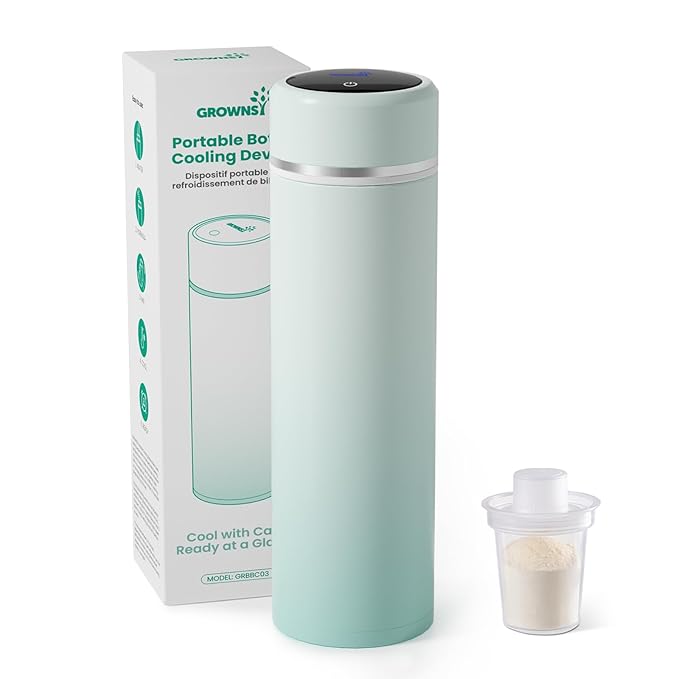 Grownsy Portable Baby Formula Bottle Maker, Rapid Cooling in 3 Min, Pure Physical Cooling, No Power Needed, Smart Color Temp Display, Travel & Night Feeding Essential, Includes Formula Dispenser,Green