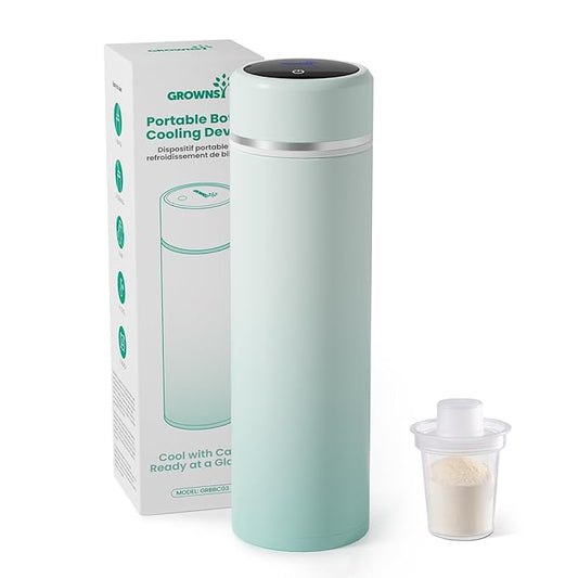 Grownsy Portable Baby Formula Bottle Maker, Rapid Cooling in 3 Min, Pure Physical Cooling, No Power Needed, Smart Color Temp Display, Travel & Night Feeding Essential, Includes Formula Dispenser,Green