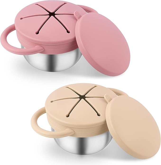 Stainless Steel Snack Containers with Lids, Snack cups with Silicone Food Catcher for Toddlers (Color 2)